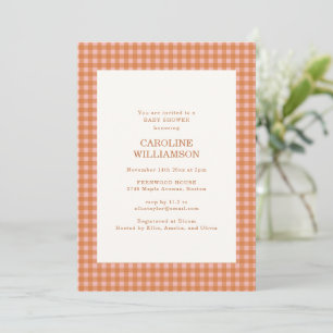 Peach Orange Gingham Check Plaid Fall Baby Shower Invitation