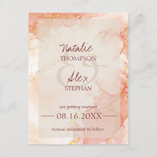 Peach Orange Gold Marble Effect Elegant Wedding  Announcement Postcard