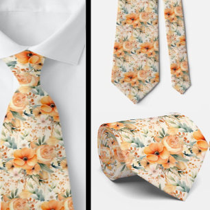 Peach Orange Gold Roses Flowers Floral Tie