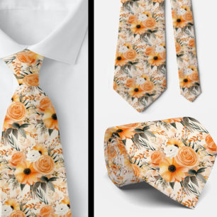 Peach Orange Gold Roses Flowers Floral Tie