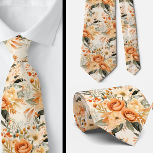 Peach Orange Gold Roses Flowers Floral Tie