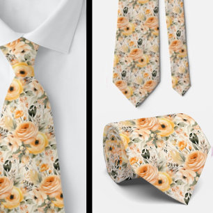 Peach Orange Gold Roses Flowers Floral Tie