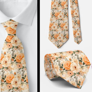Peach Orange Gold Roses Flowers Floral Tie