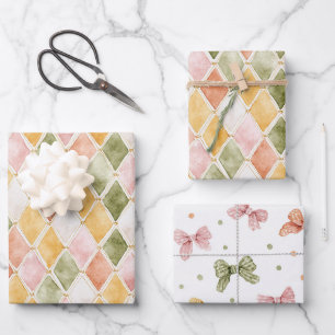 Peach Orange Green Yellow Blush Pink Bows Birthday Wrapping Paper Sheet