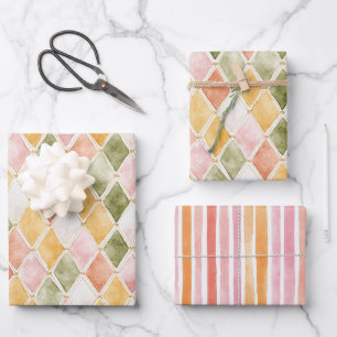 Peach Orange Green Yellow Blush Stripes Birthday Wrapping Paper Sheet