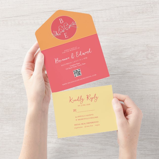 Peach Orange Monogram Wedding All In One Invitation (Tearaway)