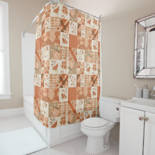 Peach Orange Patchwork Quilt Rustic Floral Retro  Shower Curtain