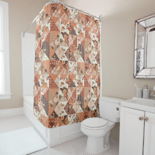 Peach Orange Patchwork Quilt Rustic Floral Retro  Shower Curtain
