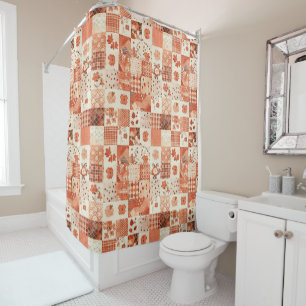 Peach Orange Patchwork Quilt Rustic Floral Retro  Shower Curtain