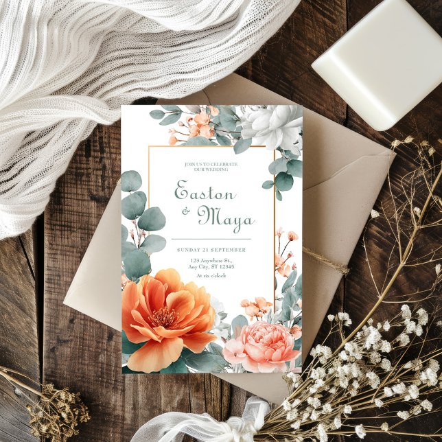Peach Orange Peony Eucalyptus Gold Frame Invitation (Creator Uploaded)