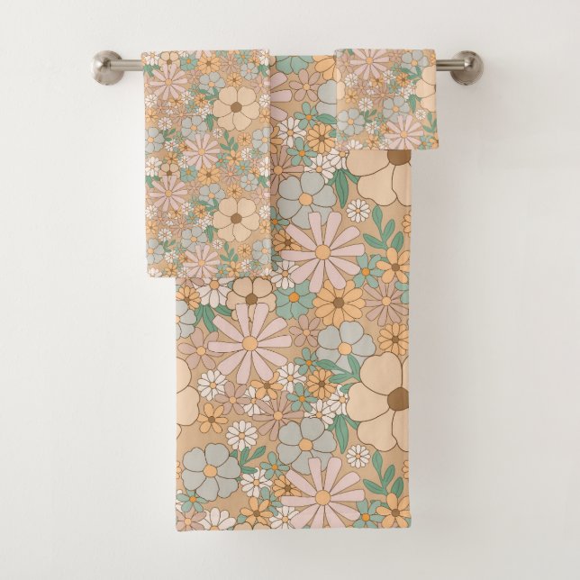 Peach Orange Pink Grey Floral Bath Towel Set (Insitu)