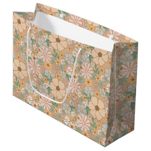 Peach Orange Pink Grey Floral Large Gift Bag