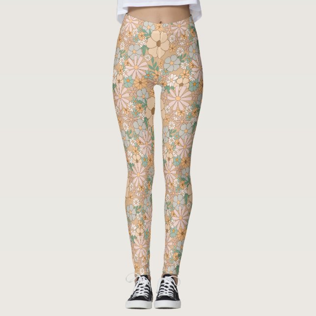 Peach Orange Pink Grey Floral Leggings (Front)