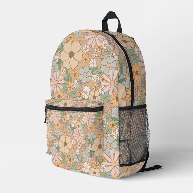 Peach Orange Pink Grey Floral Printed Backpack (Back Corner Right)