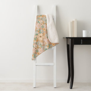 Peach Orange Pink Grey Floral Sherpa Blanket