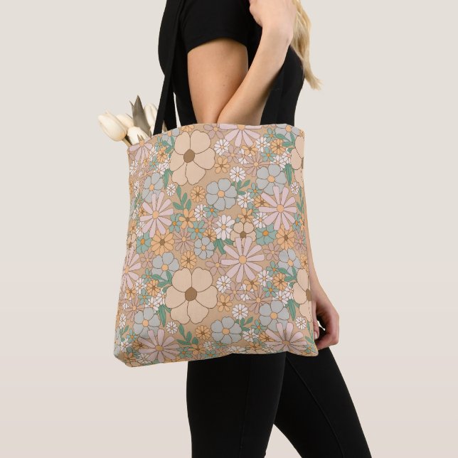 Peach Orange Pink Grey Floral  Tote Bag (Close Up)