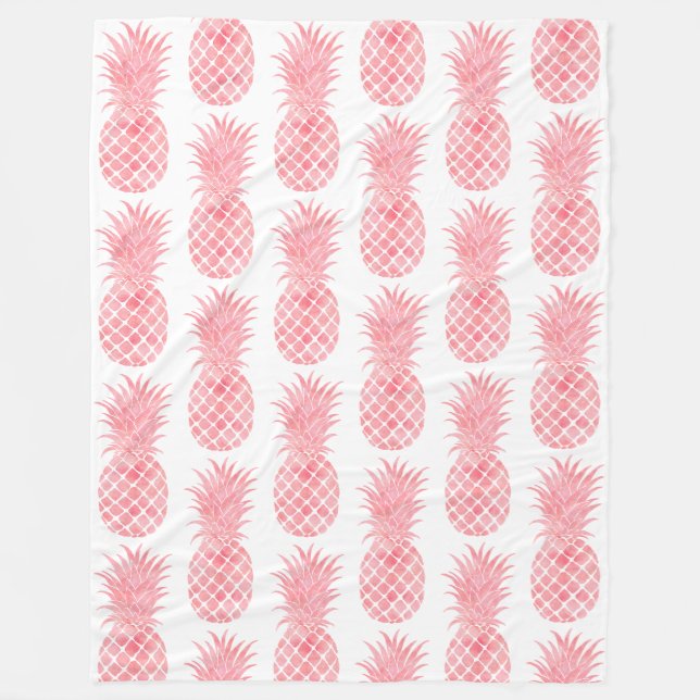 Peach Orange Pink Watercolor Tropical Pineapple Fleece Blanket (Front)