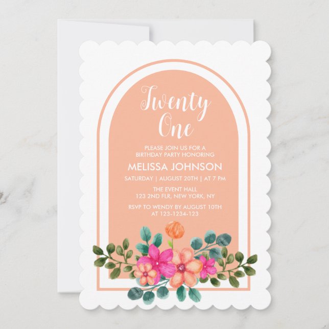 Peach Orange Spring Flora Botanical 21st Birthday Invitation (Front)