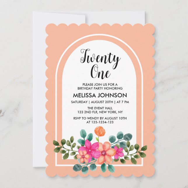 Peach Orange Spring Flora Greenery 21st Birthday Invitation (Front)
