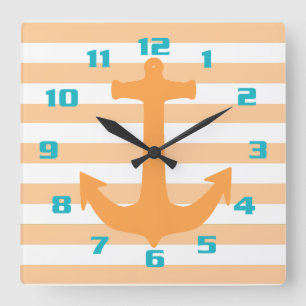 Peach Orange Stripes and Anchor Teal Numbers Square Wall Clock