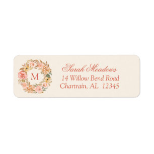 Peach Orange Tan Rose Floral Wreath Return Address