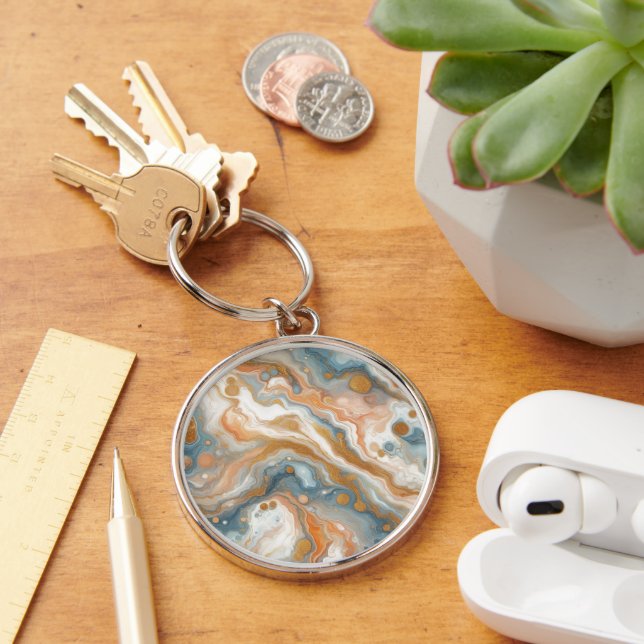 Peach Orange Teal Blue White Gold Marble Pattern Key Ring (Desk)