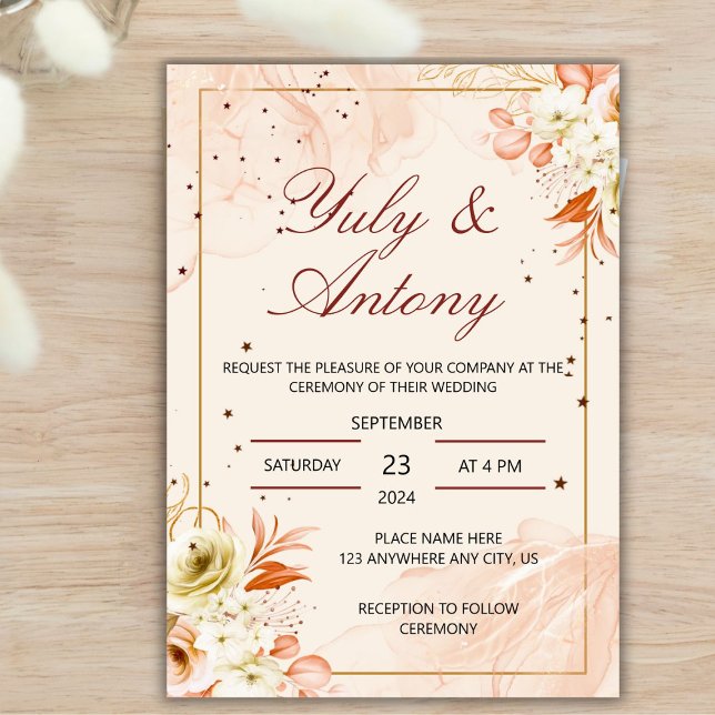 Peach Orange Watercolor Floral Celestial Invitation (Tarjeta color naranja claro y durzno floral para boda)