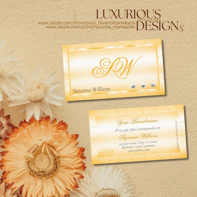 Peach Orange with Diamonds and Monogram Glamour Business Card (Creator Uploaded)