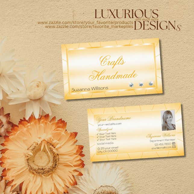 Peach Orange with Diamonds and Photo Glamourous Business Card (Creator Uploaded)
