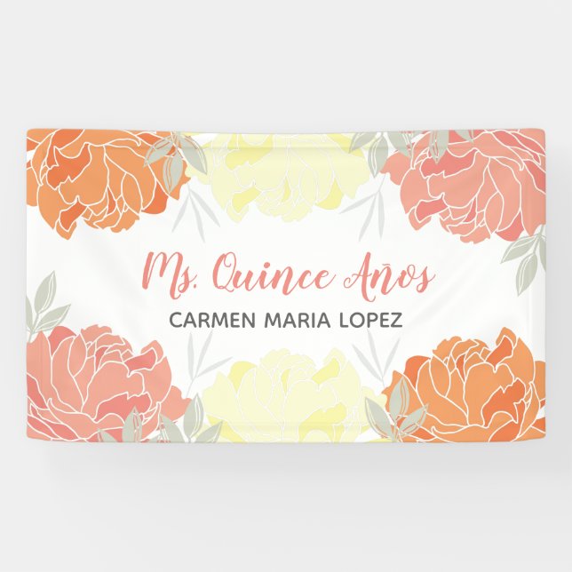 Peach Orange & Yellow Peonies Quinceanera Party Banner (Horizontal)