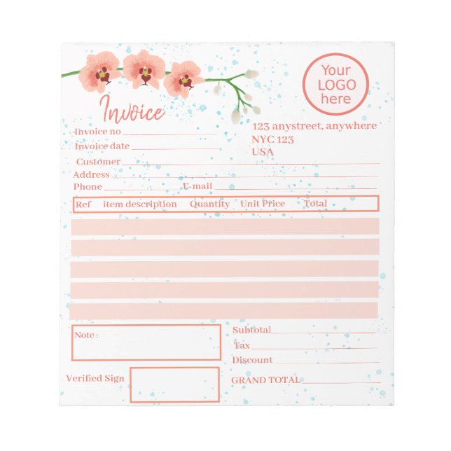 Peach Orchid Flowers Florist Invoice Notepad (Front)