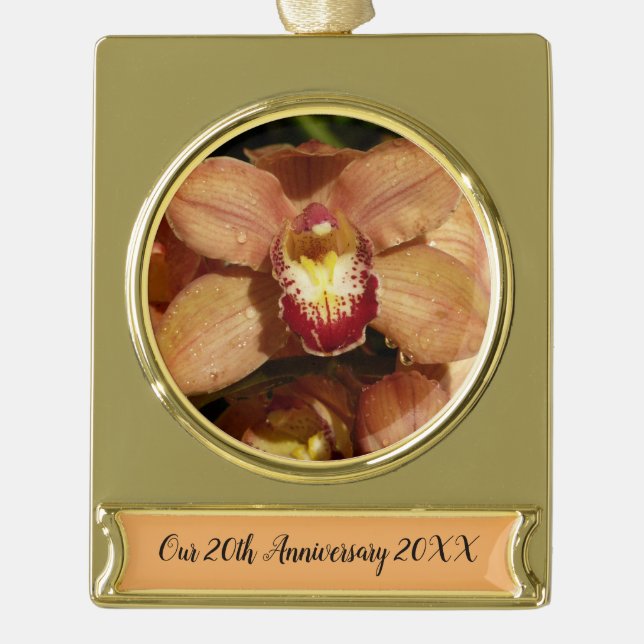 Peach Orchids with Raindrops Floral Gold Plated Banner Ornament (Front)