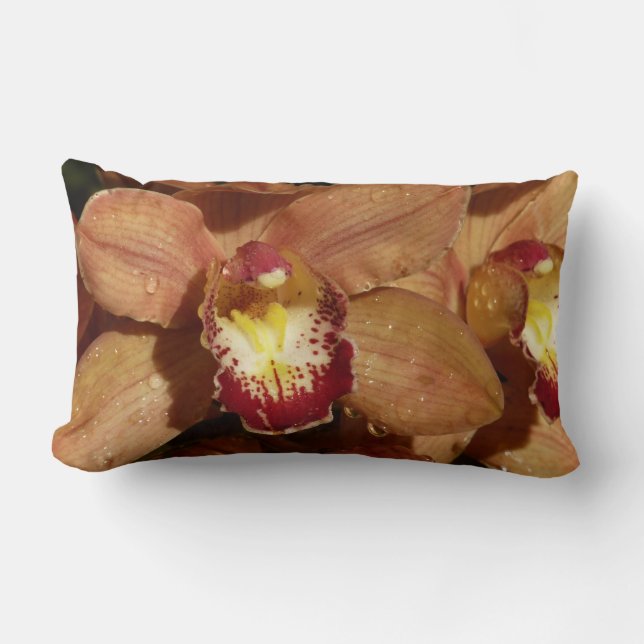 Peach Orchids with Raindrops Floral Lumbar Cushion (Front)
