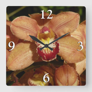 Peach Orchids with Raindrops Floral Square Wall Clock