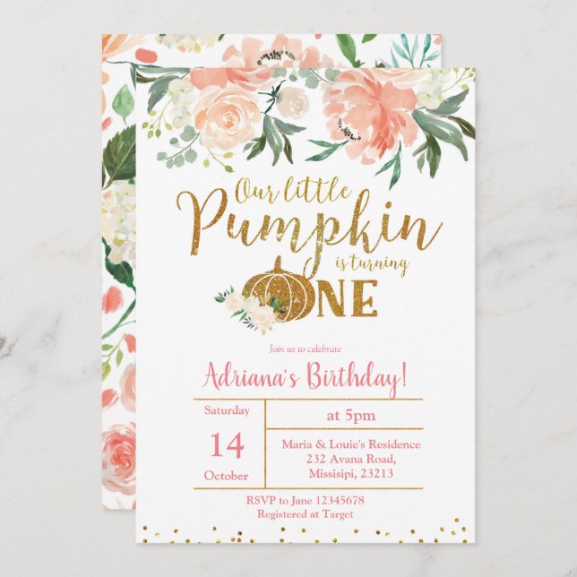 Peach Our Little Pumpkin Is Turning One Invitation (Front/Back)