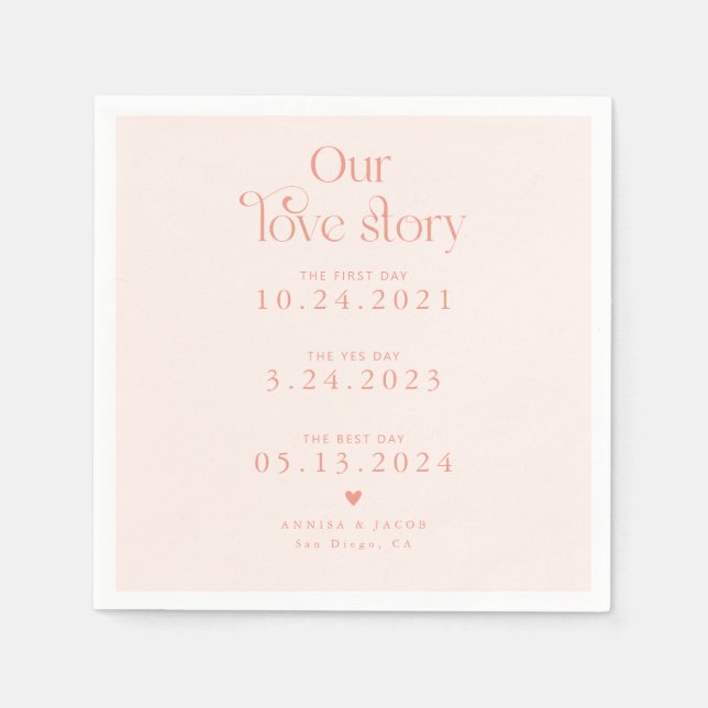 Peach Our Love Story Retro Wedding Napkin (Front)
