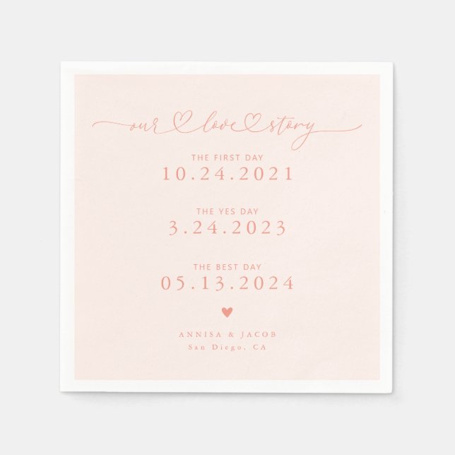 Peach Our Love Story Script Hearts Wedding Napkin (Front)