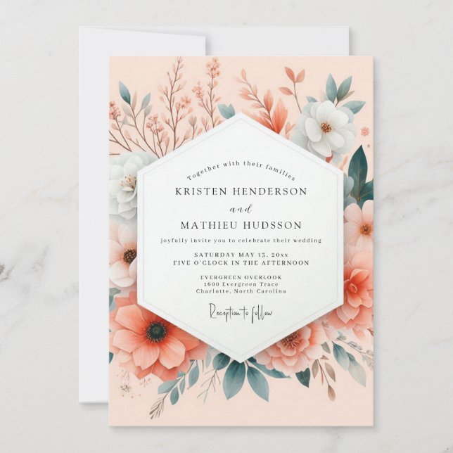 Peach Painterly Botanical Wedding Invitation (Front)