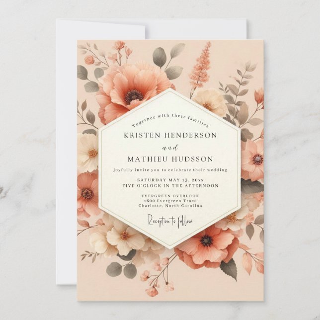 Peach Painterly Poppy Wedding Invitation (Front)