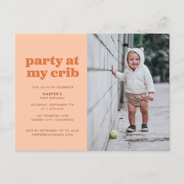 Peach Party at My Crib 1st Birthday Party Invitati Postcard (Front)