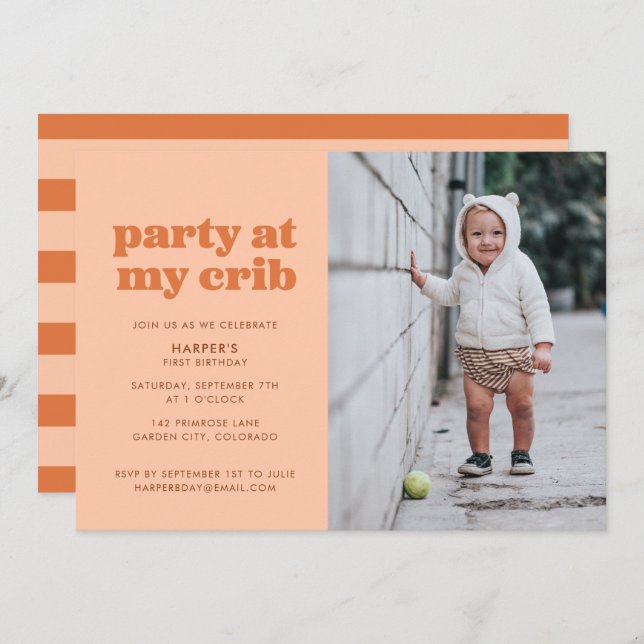 Peach Party at My Crib 1st Birthday Party Invitation (Front/Back)