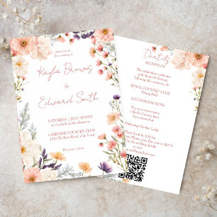 Peach pastel boho wildflowers all in one wedding invitation