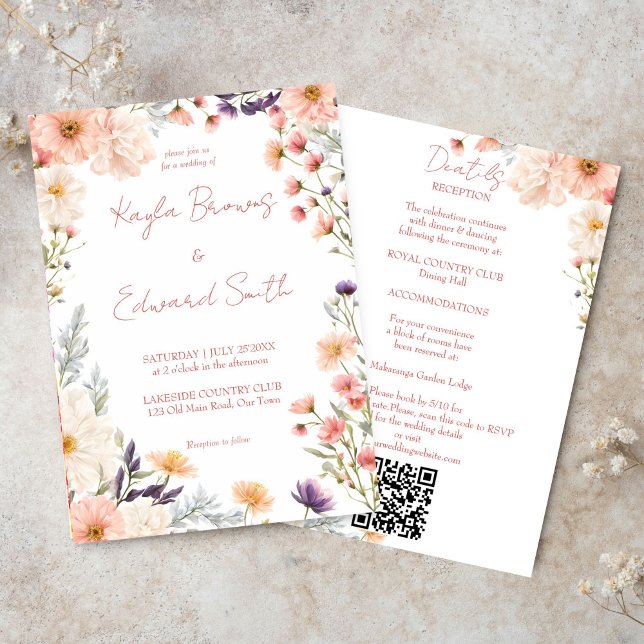Peach pastel boho wildflowers all in one wedding invitation (Peach pastel boho wildflowers all in one wedding invitation editable template digital download)
