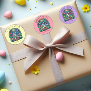 Peach Pastel Bunny Gardener Stained Glass Easter  Classic Round Sticker