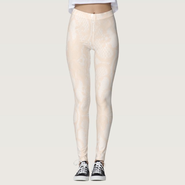 Peach Pastel Floral Delicate Powder Cream Lace Leggings (Front)
