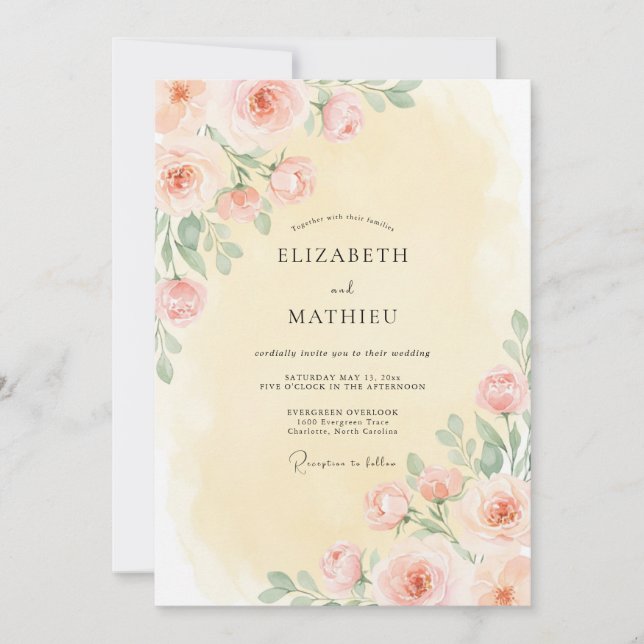 Peach Pastel Floral Embrace Wedding Invitation (Front)