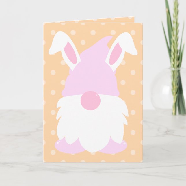 Peach Pastel Polka Dot Gnome Bunny Holiday Card (Front)