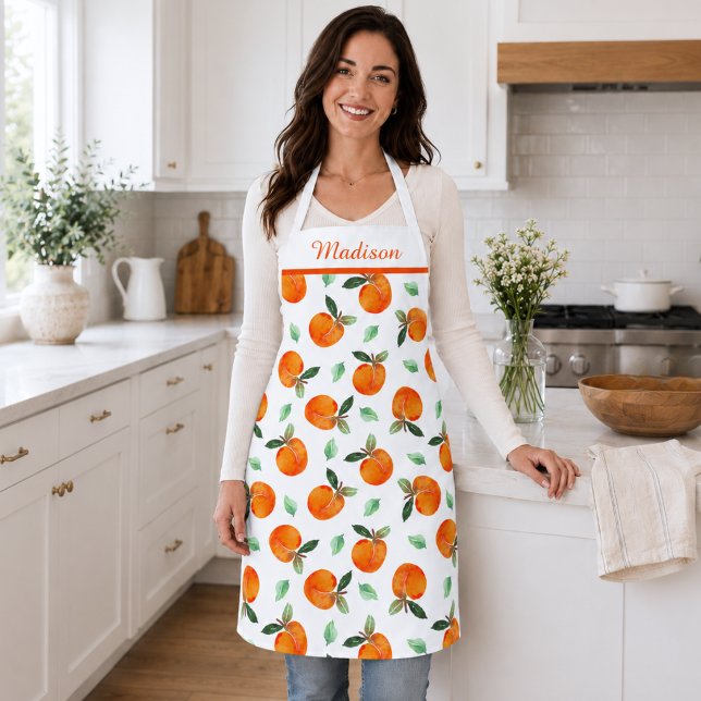 Peach Pattern Apron (elegant cute whimsical orange peach apron with custom monogram name)