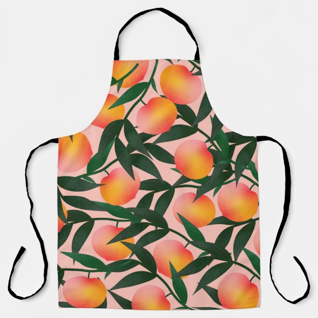 Peach pattern on pink background. Hand drawn fruit Apron (Front)