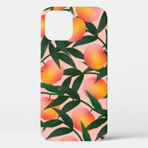 Peach pattern on pink background. Hand drawn fruit iPhone 12 Case